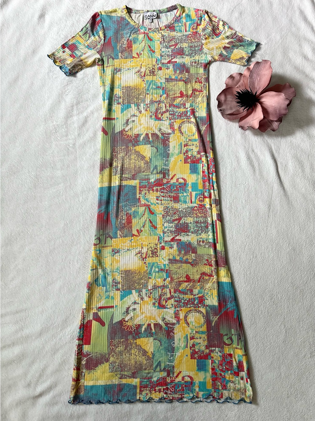 Ganni Printed Rib Jersey Yellow Maxi Dress Medium 38